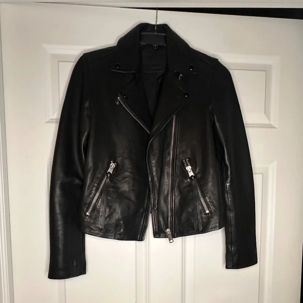 AllSaints Dalby Slim Fit Leather Biker Jacket – Black, Size 6 - Picture 1 of 5